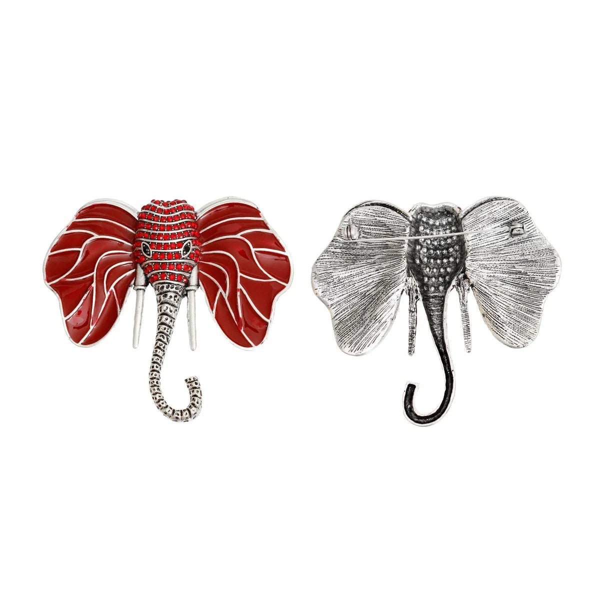 Elephant Head Brooch with Red Epoxy Ears and Rhinestone Detailing - Elegant Statement Pin Jewelry