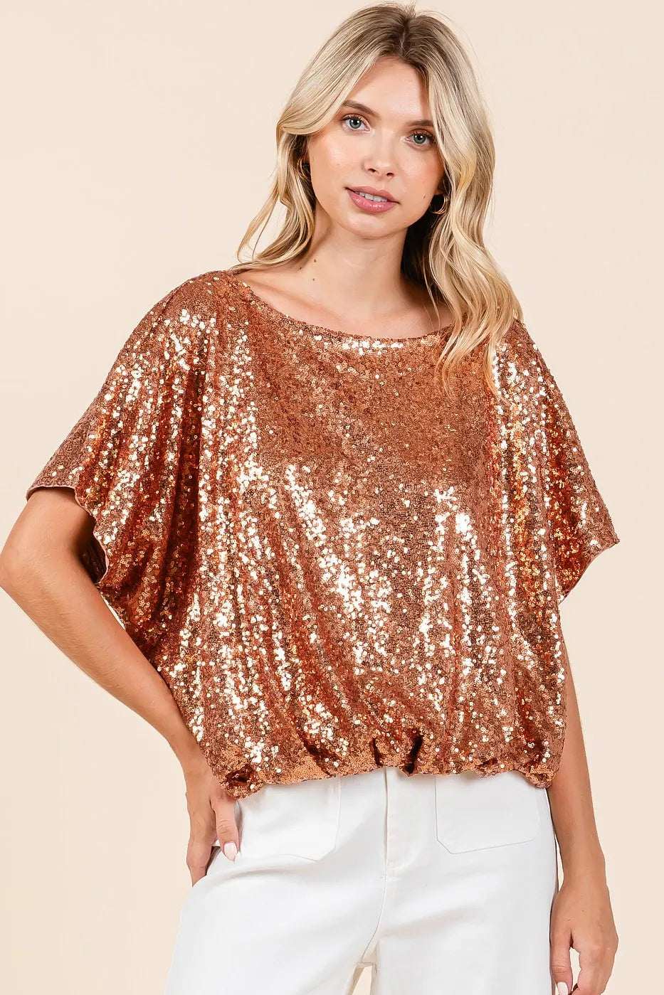 Sequin Short Sleeve Top with Elastic Band Hem – Sparkling Party Rust Color Blouse Jewelry Bubble