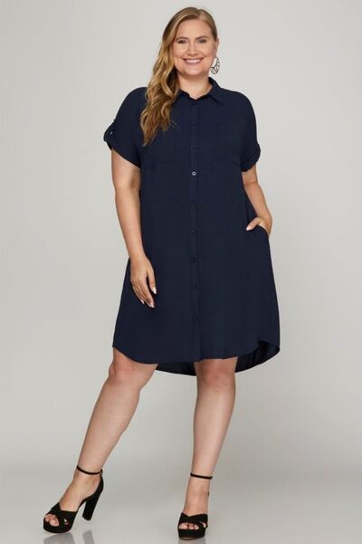 Button Down Short Sleeve Woven Shirt Dress Trendsi
