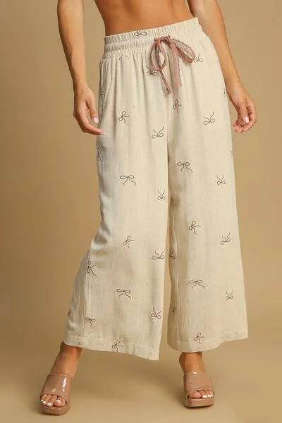 Lace Drawstring Embroidered Bow Wide Leg Pants
