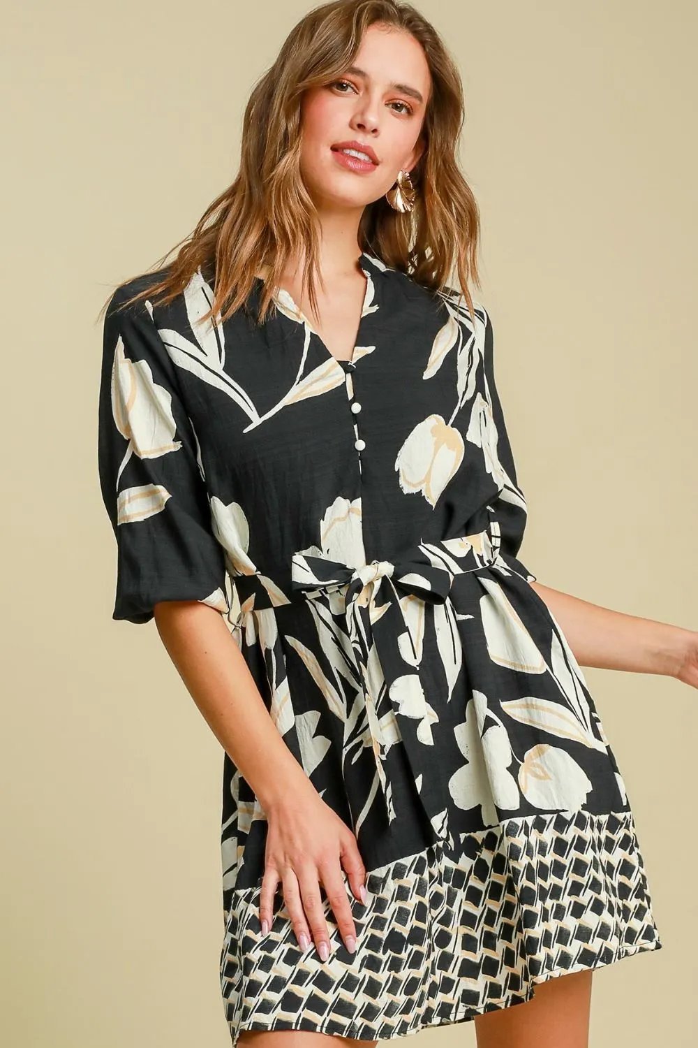 Floral Print Notched Tie Waist Black Mini Dress for Spring Occasions
