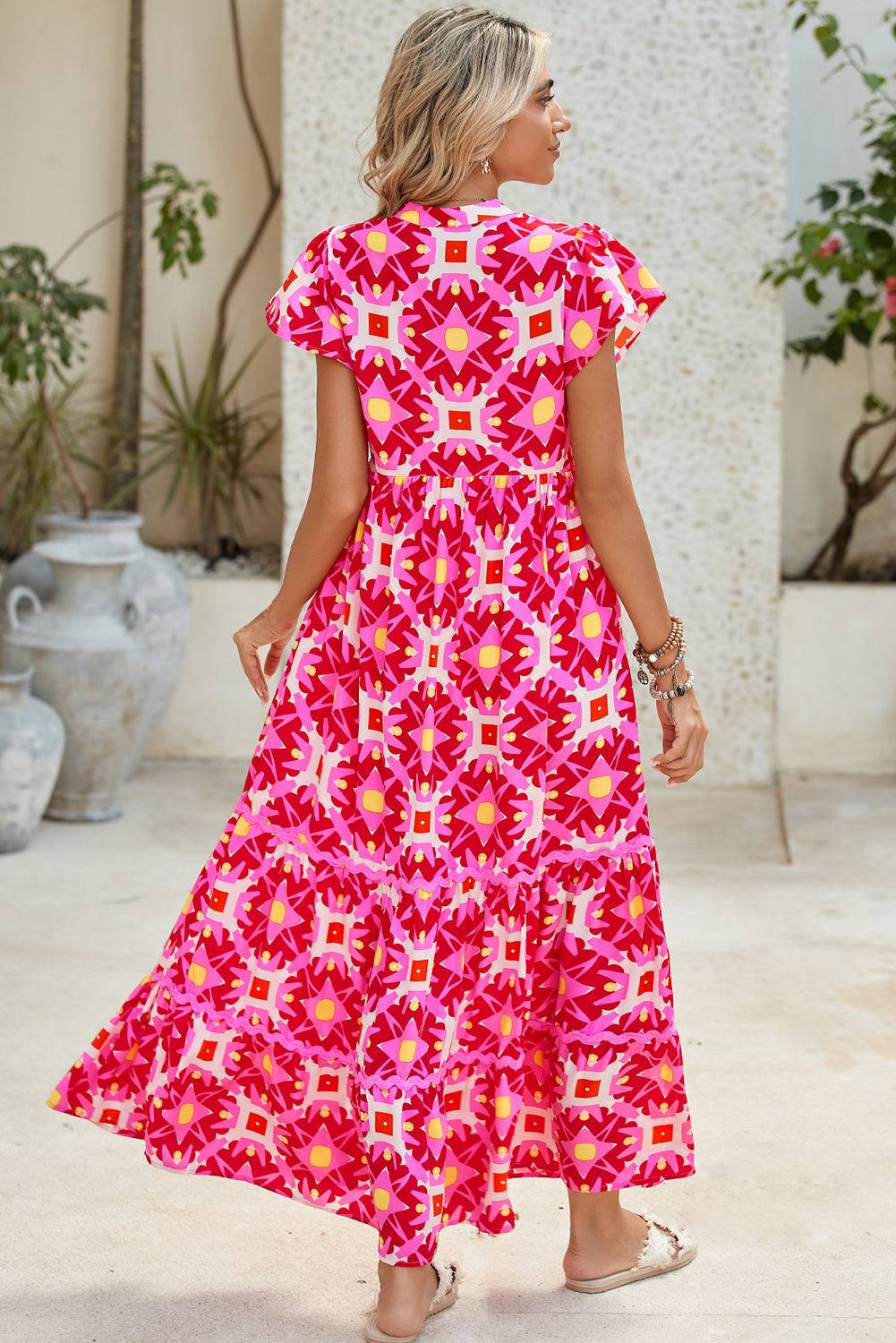 Abstract Print Maxi Dress – Vibrant Pink Boho Style with Flounce Sleeves & Pleated Detail Shewin