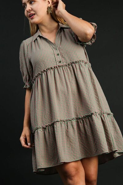 Plaid Frill Button Detail Ruffled Short Sleeve Dress Trendsi