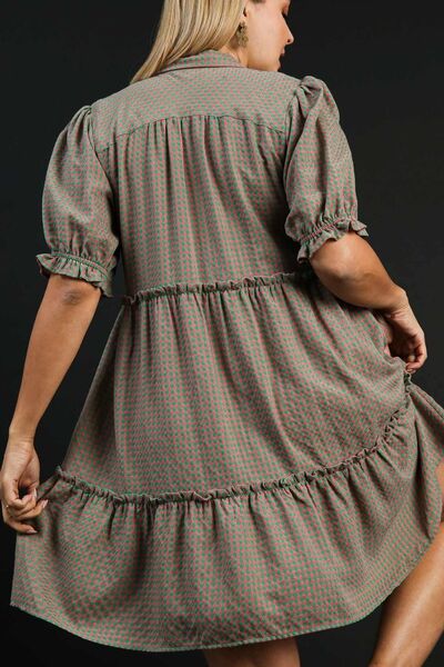 Plaid Frill Button Detail Ruffled Short Sleeve Dress Trendsi