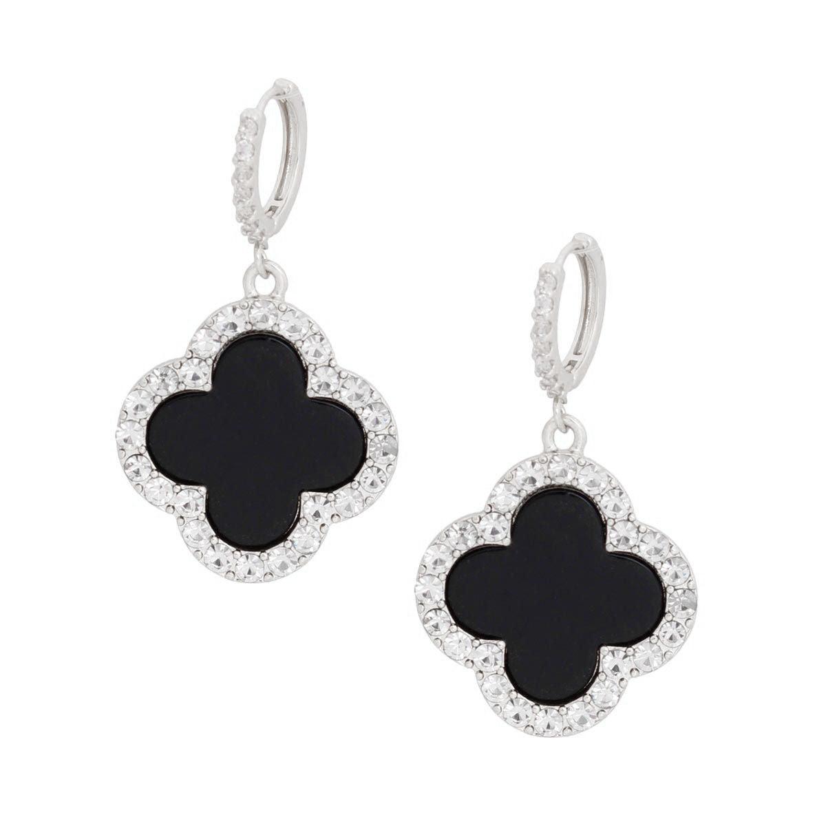 Hoop Black Clover Silver Huggie Earrings for Women