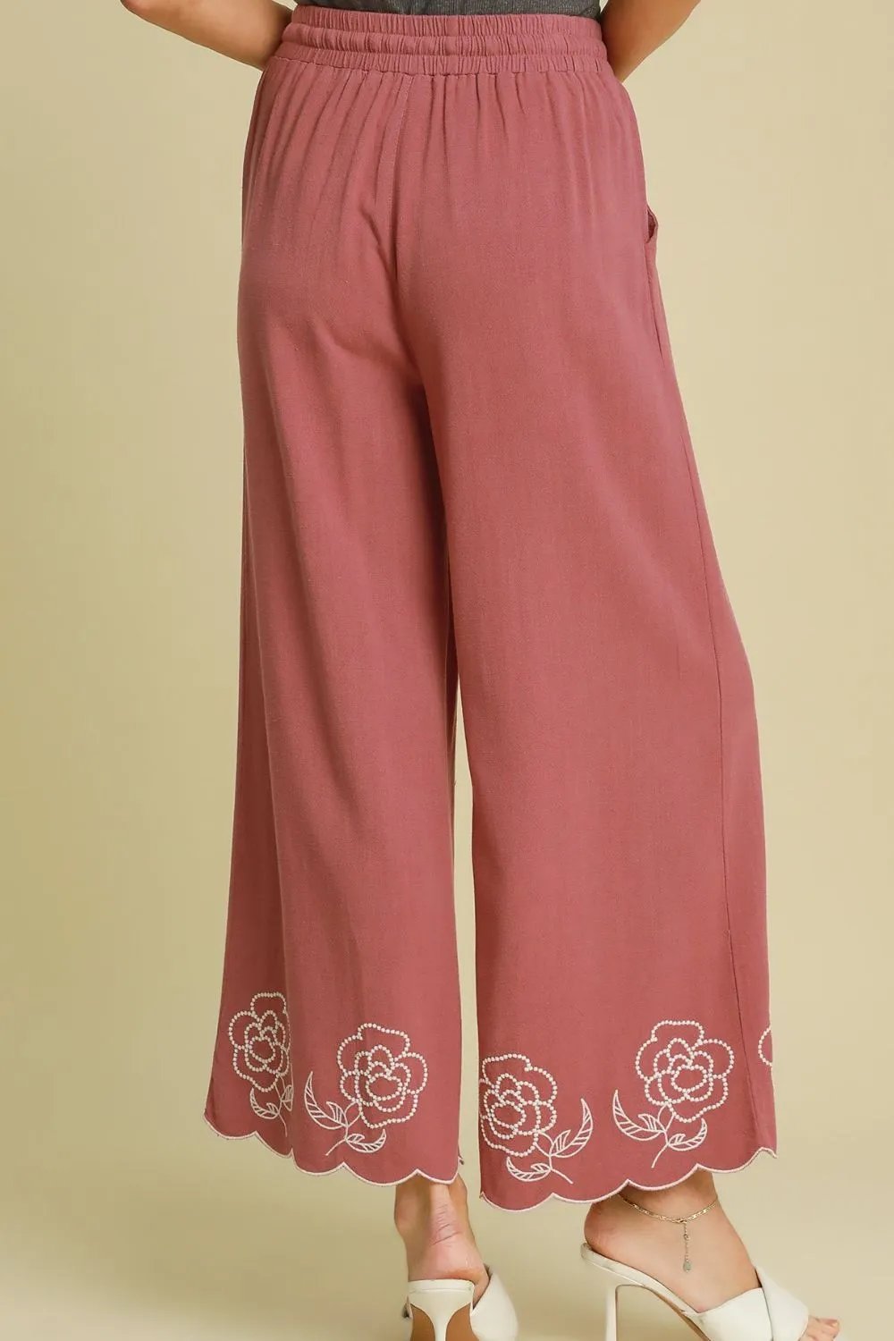 Breathable Linen Blend Wide Leg Pants with Unique Scalloped Hemline in Dusty Pink Color