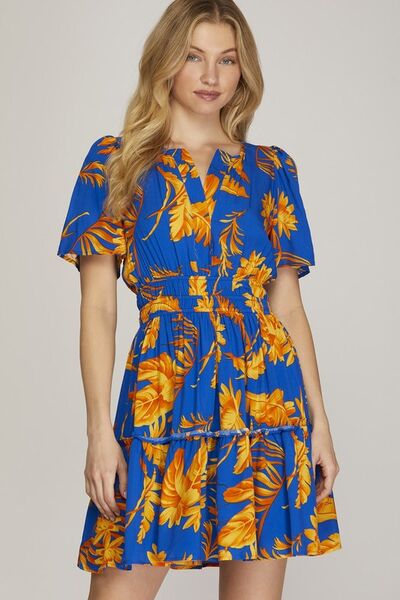 Printed Notched Short Sleeve Frill Tiered Dress in Royal Blue – Your Go-To Summer Look Trendsi