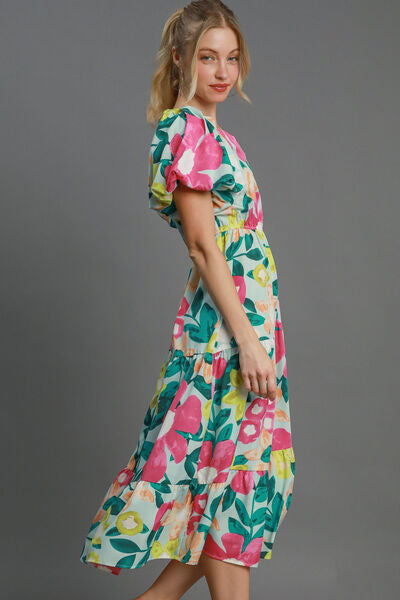 Tiered Multicolor Floral Print Notched Puff Sleeve Midi Dress – Shop the 2025 Style Trend Trendsi