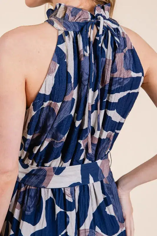 Abstract Halter Neck Tie-Waist Tiered Maxi Dress for Modern Elegance Jewelry Bubble