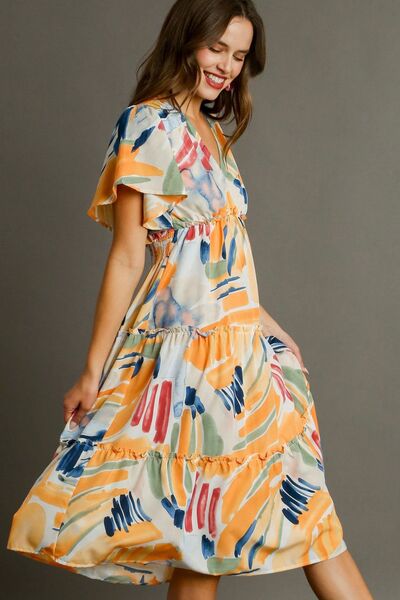 Abstract Print Flutter Sleeve Frill Tiered Midi Dress Trendsi