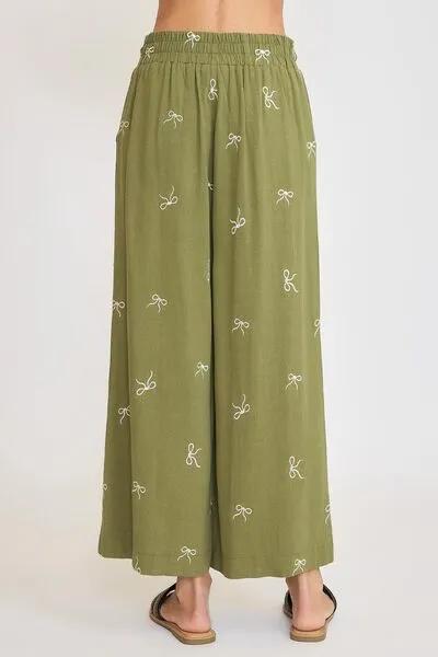 Lace Drawstring Embroidered Bow Wide Leg Pants