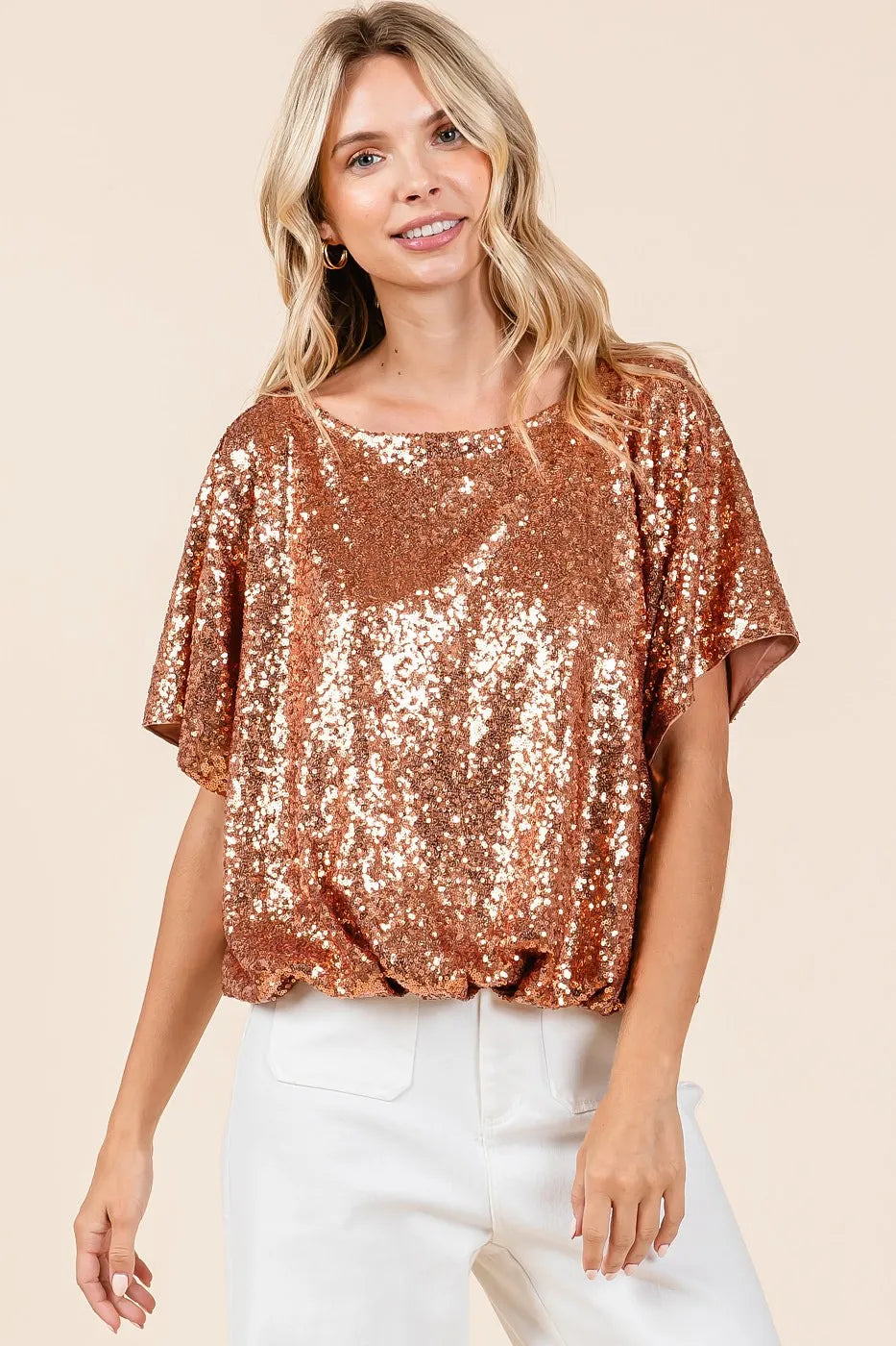 Sequin Short Sleeve Top with Elastic Band Hem – Sparkling Party Rust Color Blouse Jewelry Bubble