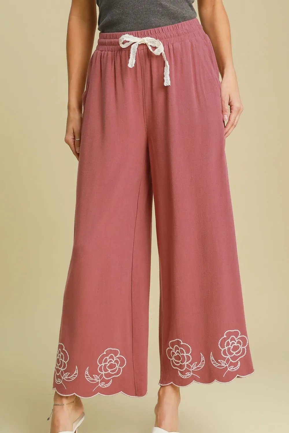 Breathable Linen Blend Wide Leg Pants with Unique Scalloped Hemline in Dusty Pink Color