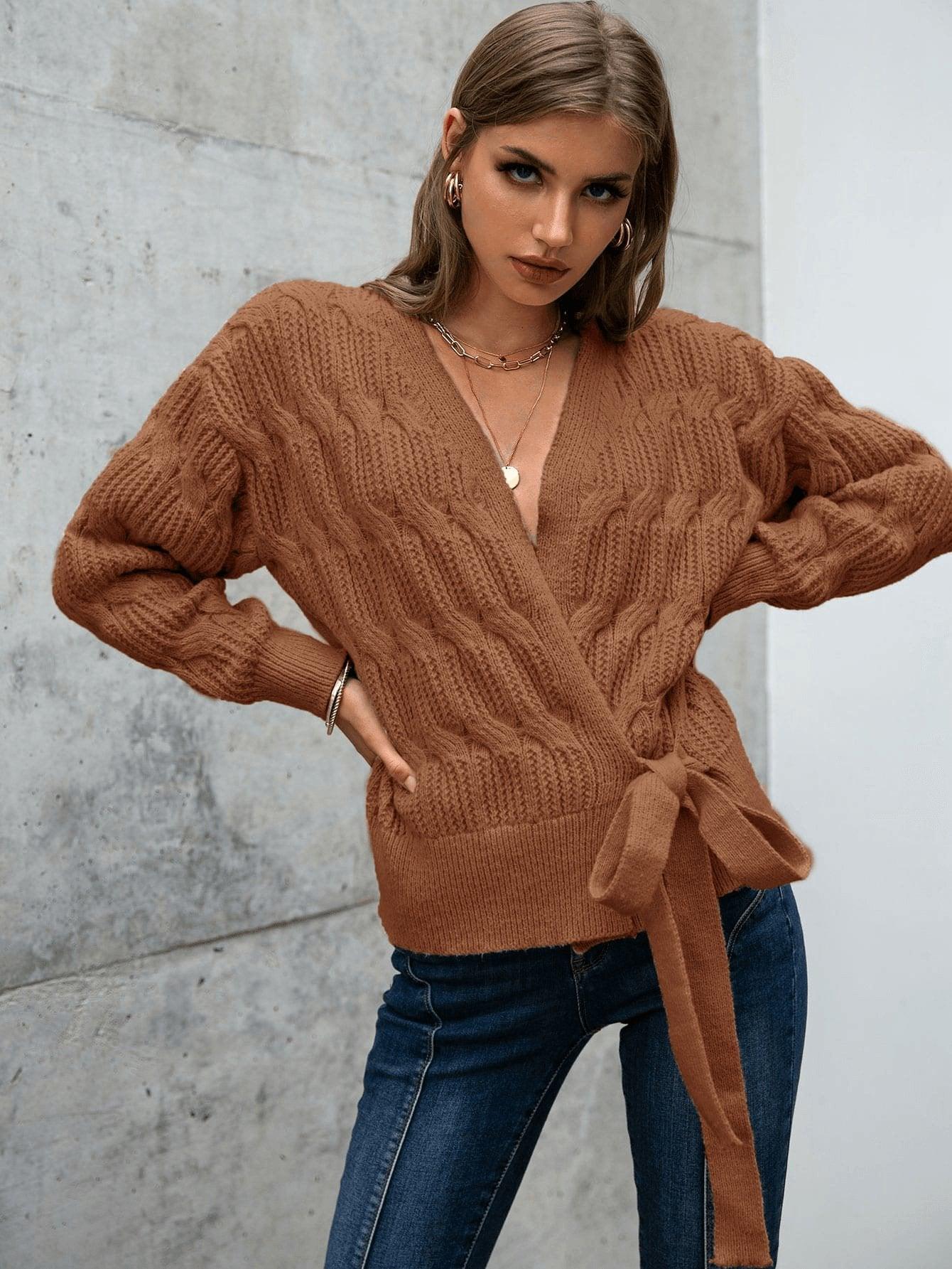 Cable Knit Drop Shoulder Wrap Knot Side Sweater - Jewelry Bubble