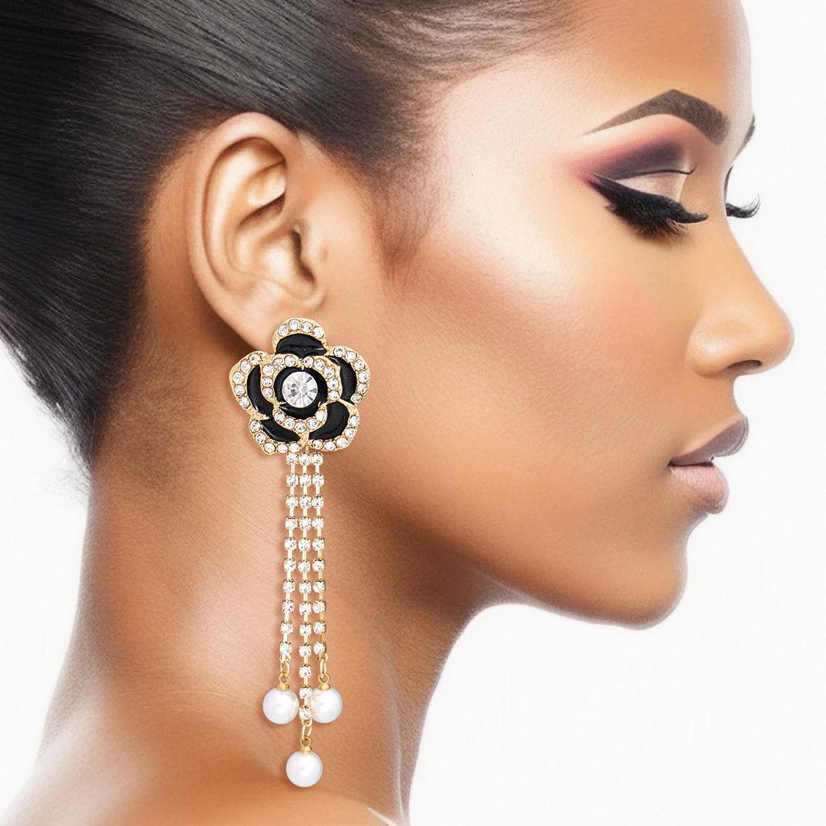 Captivating Black Rose Drop Dangle Gold Earrings: Elegant Accessory