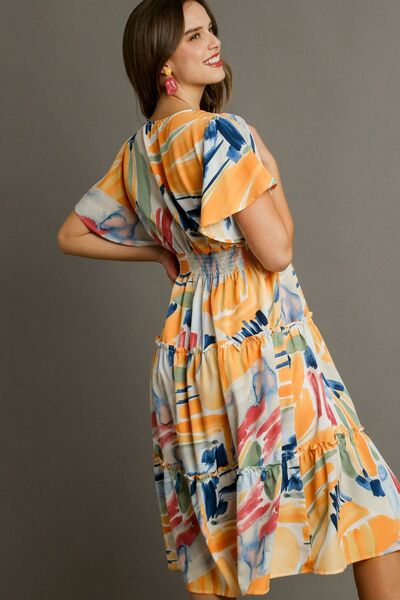 Abstract Print Flutter Sleeve Frill Tiered Midi Dress Trendsi