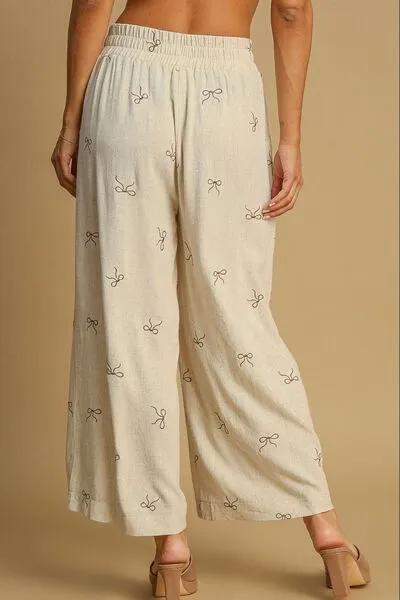 Lace Drawstring Embroidered Bow Wide Leg Pants