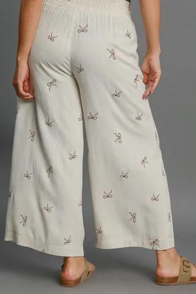 Lace Drawstring Embroidered Bow Wide Leg Pants