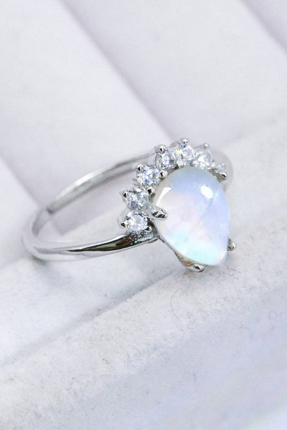 Sterling Silver Natural Moonstone Ring with Zircon Accents – Platinum or Rose Gold Plated Jewelry Bubble