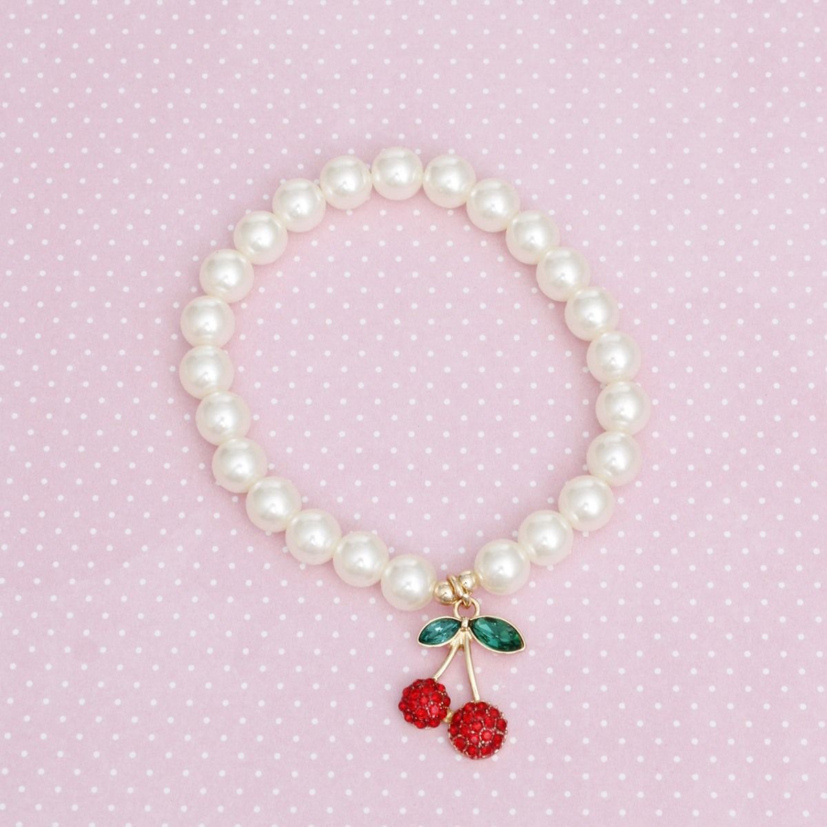Women's Pearl Cherry Bracelet with Red Rhinestone Charm, Gold Tone, Stretch Fit Pinktown
