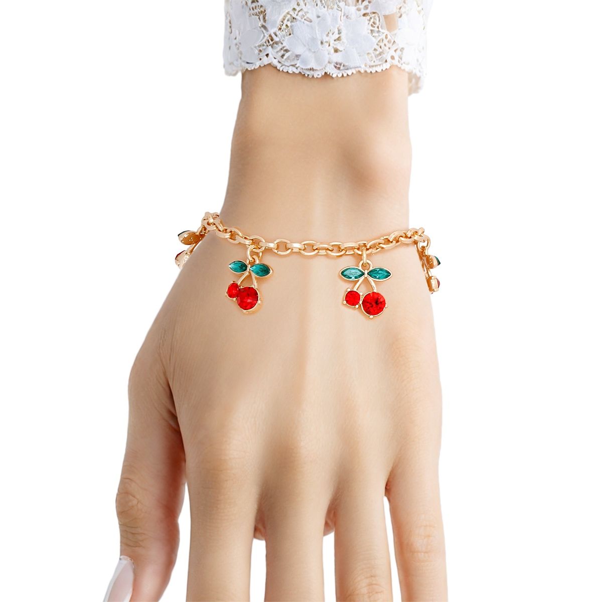 Women's Cherry Charm Bracelet – Gold Tone Double Cherry Charms, Red Rhinestones, Lobster Clasp Pinktown