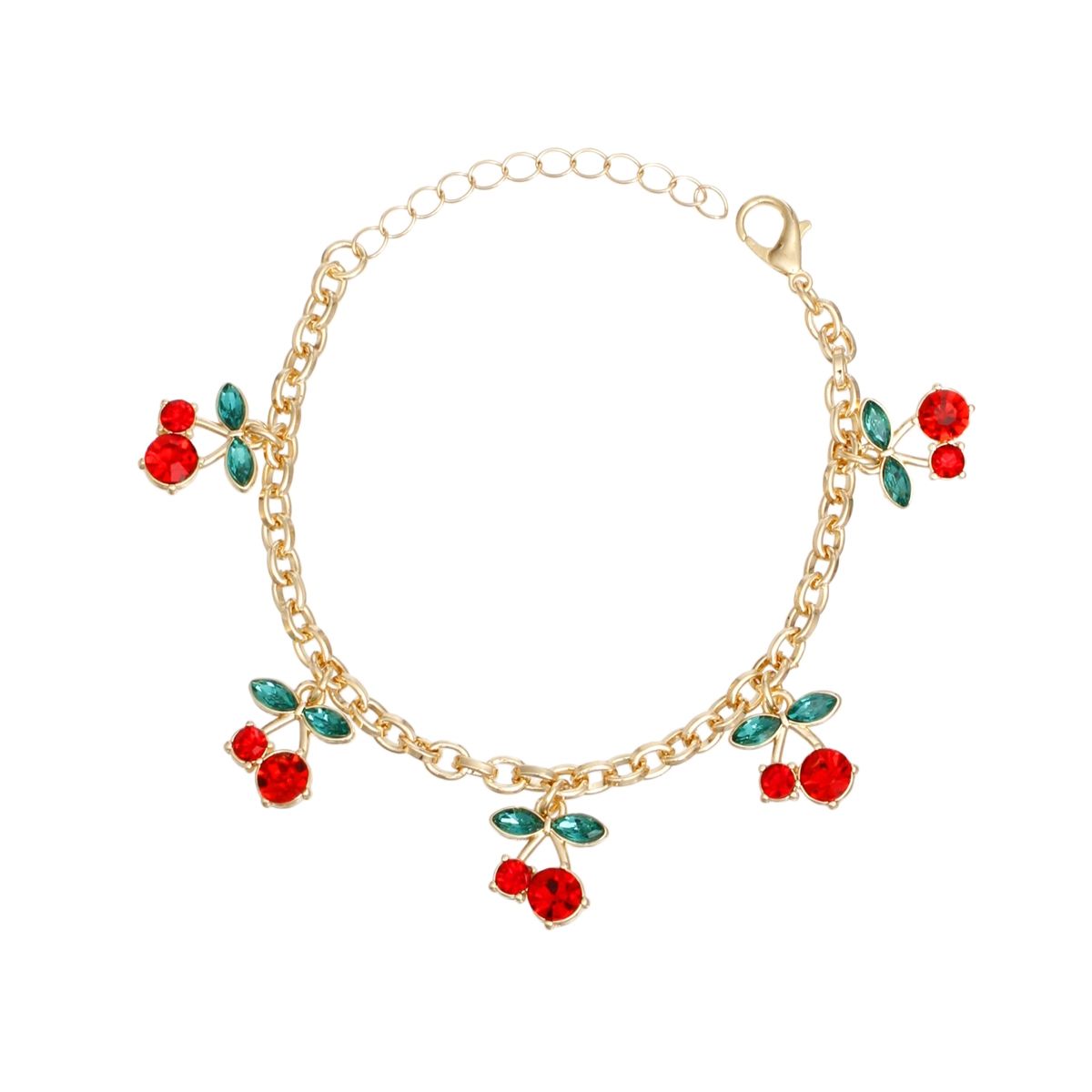Women's Cherry Charm Bracelet – Gold Tone Double Cherry Charms, Red Rhinestones, Lobster Clasp Pinktown