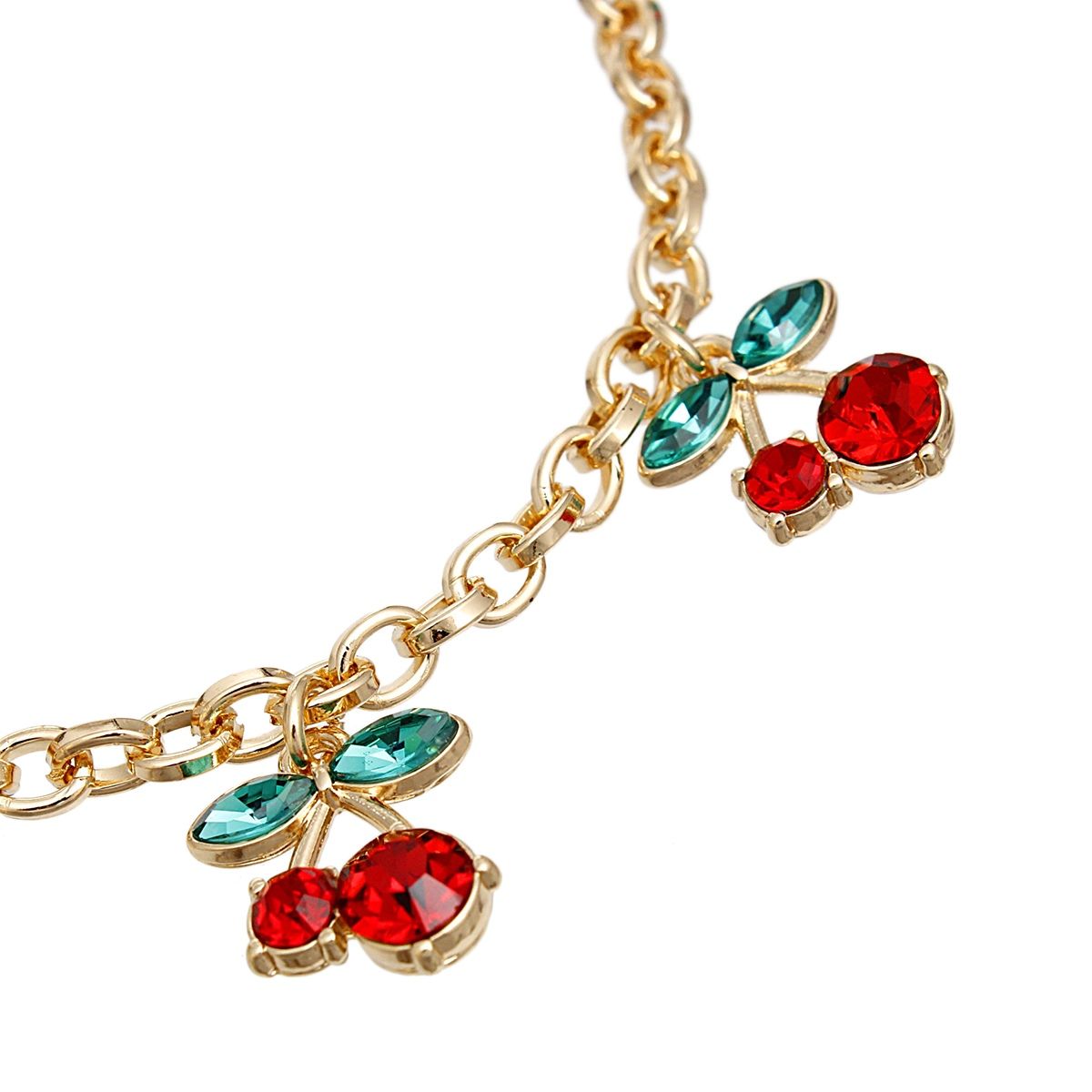 Women's Cherry Charm Bracelet – Gold Tone Double Cherry Charms, Red Rhinestones, Lobster Clasp Pinktown