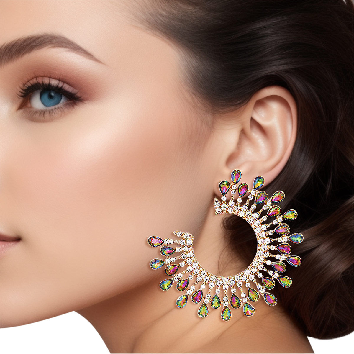 Gold C Shaped Stud Earrings Pink Green Teardrop Crystals | Fashion Jewelry