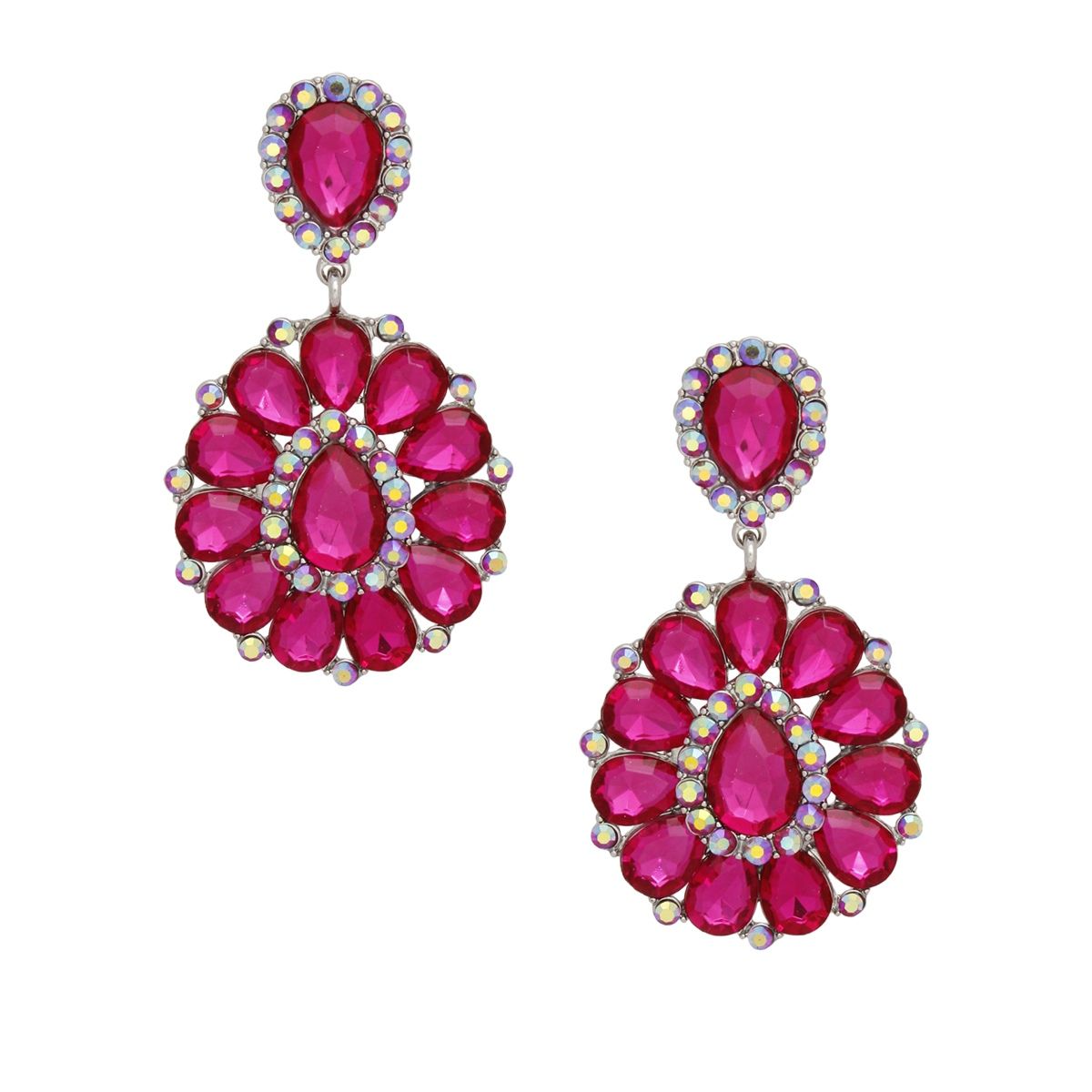 Fuchsia Pink Statement Earrings Aurora Borealis Rhinestone