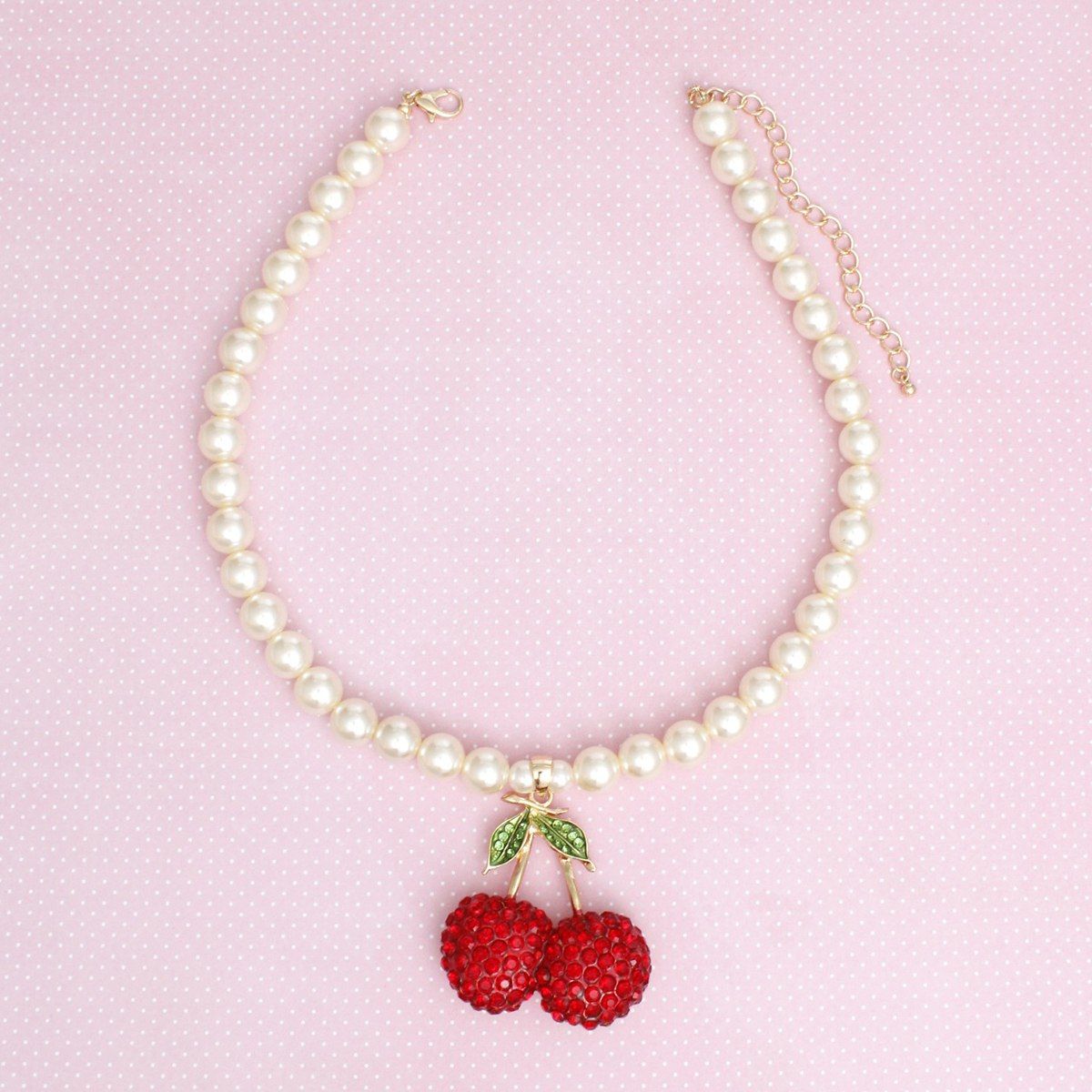 Women's Pearl Pendant Necklace with Chunky Double Red Rhinestone Cherry and Leaf Pendant Pinktown