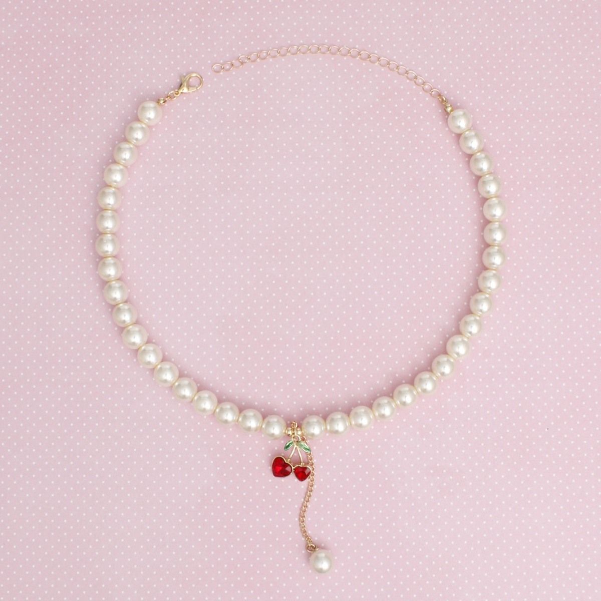 Acrylic Pearl Cherry Necklace with Double Heart Charm, Red Rhinestones & Gold Chain Accent Pinktown