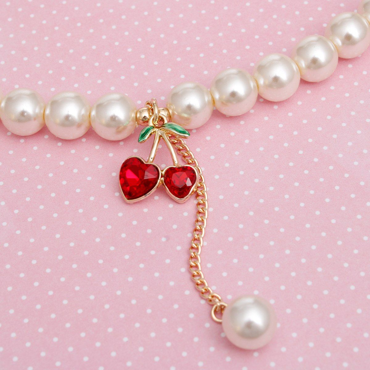 Acrylic Pearl Cherry Necklace with Double Heart Charm, Red Rhinestones & Gold Chain Accent Pinktown