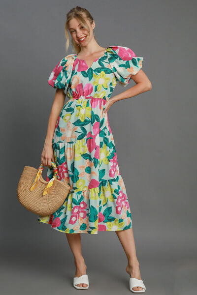 Tiered Multicolor Floral Print Notched Puff Sleeve Midi Dress – Shop the 2025 Style Trend Trendsi