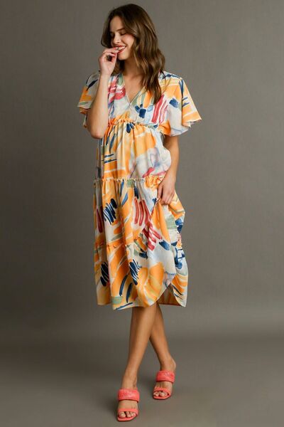 Abstract Print Flutter Sleeve Frill Tiered Midi Dress Trendsi