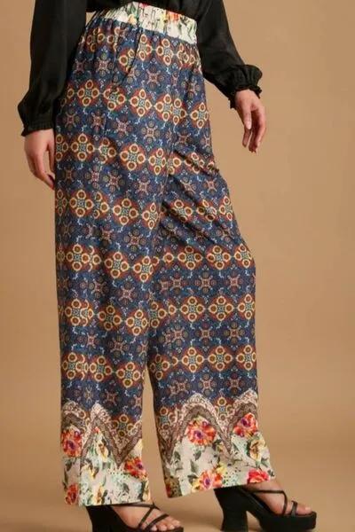 Multicolor Mixed Print Elastic Waistband Pants