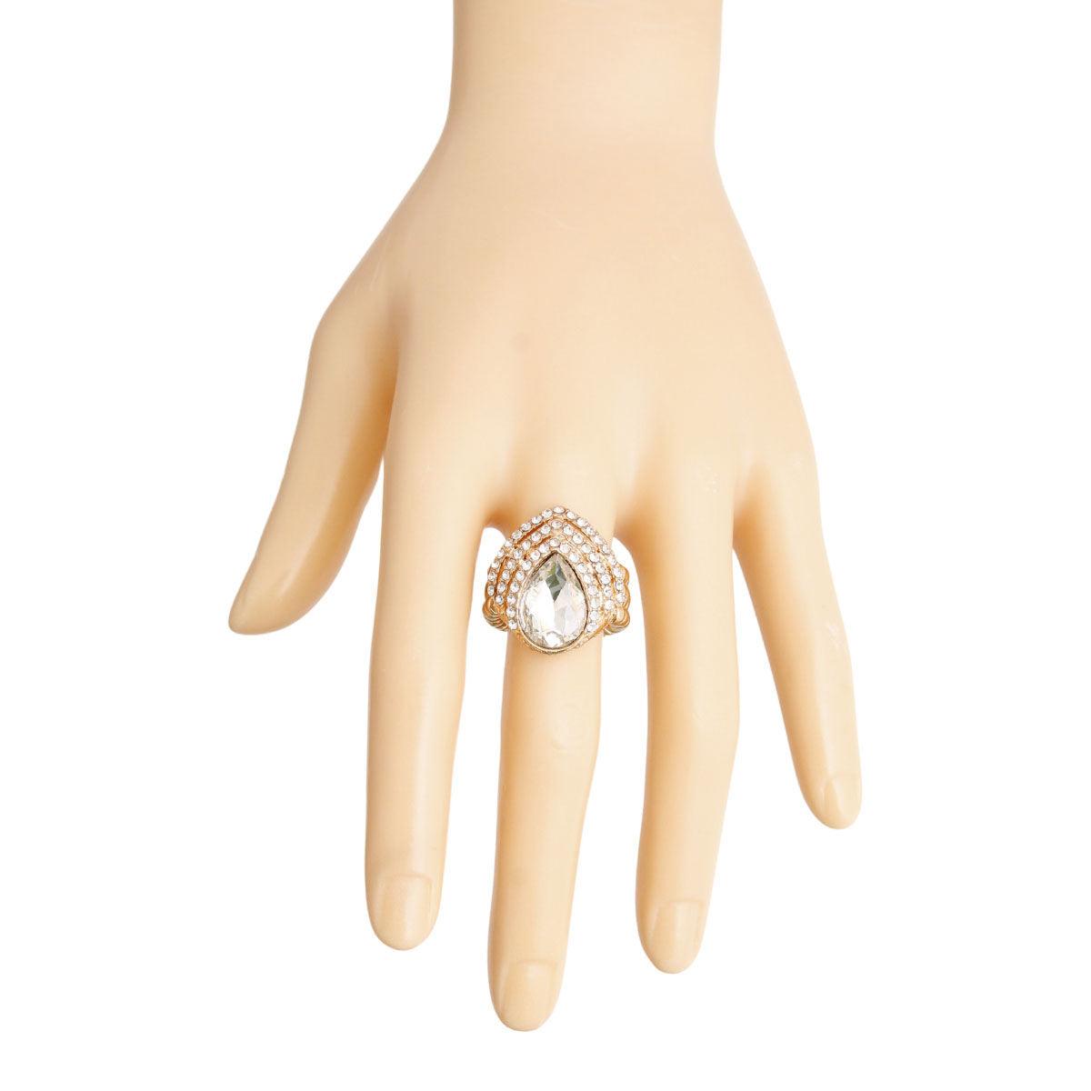 Dazzling Clear Teardrop Cocktail Ring Gold - Eye-Catching Glamour