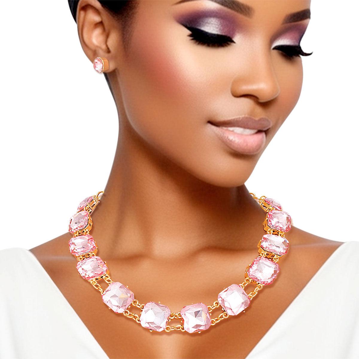 Dazzling Light Pink Crystal-Adorned Chunky Link Collar Necklace Set