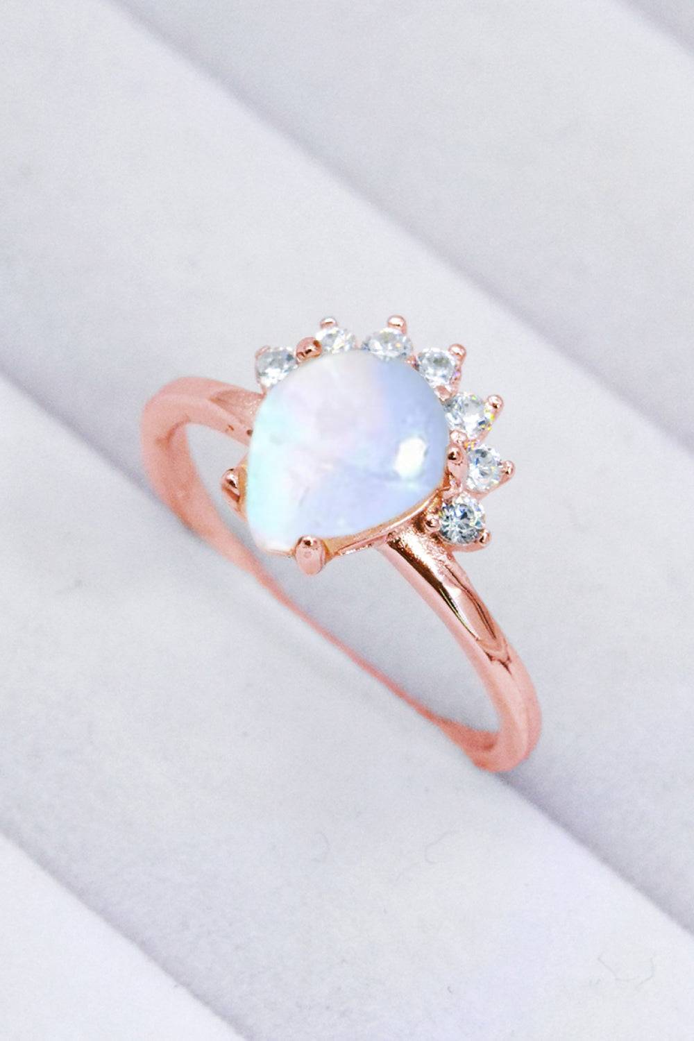 Sterling Silver Natural Moonstone Ring with Zircon Accents – Platinum or Rose Gold Plated Jewelry Bubble