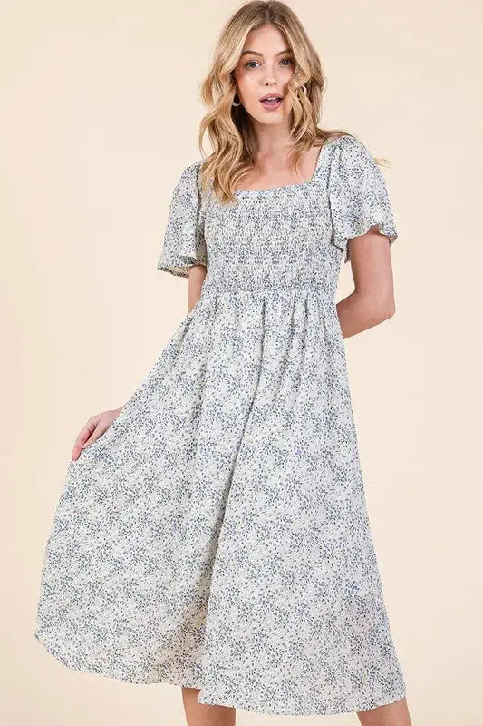 Step Into Spring: Smocked Floral Print Flutter Sleeve Midi Dress for Effortless Garden Party Style Jewelry Bubble