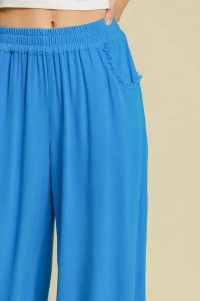 Linen Blend Elastic Waistband Wide Leg Pants