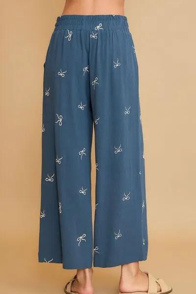 Lace Drawstring Embroidered Bow Wide Leg Pants