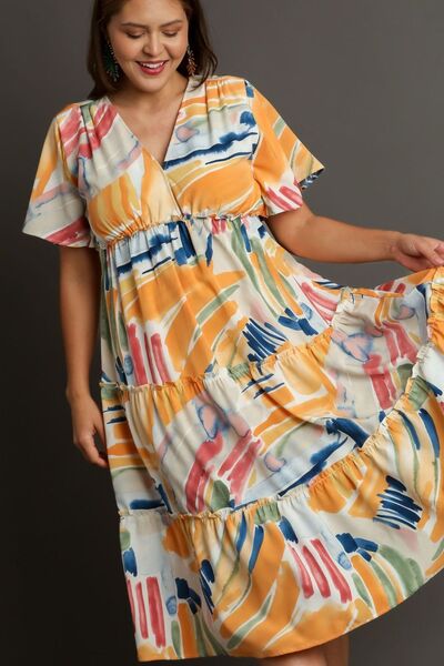 Abstract Print Flutter Sleeve Frill Tiered Midi Dress Trendsi