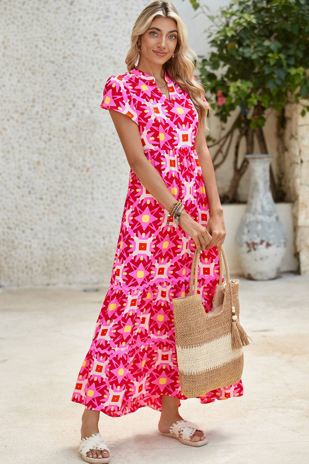 Abstract Print Maxi Dress – Vibrant Pink Boho Style with Flounce Sleeves & Pleated Detail Shewin
