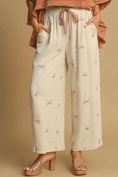 Lace Drawstring Embroidered Bow Wide Leg Pants Jewelry Bubble