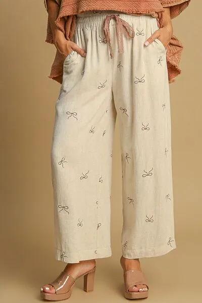 Lace Drawstring Embroidered Bow Wide Leg Pants