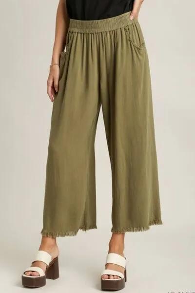 Yellow-green Linen Blend Elastic Waistband Wide Leg Pants