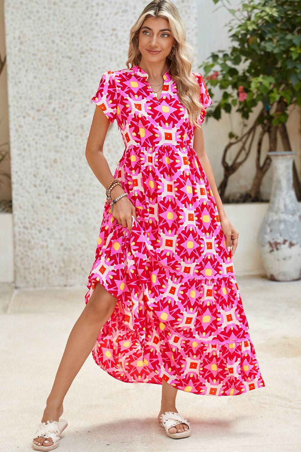 Abstract Print Maxi Dress – Vibrant Pink Boho Style with Flounce Sleeves & Pleated Detail Shewin