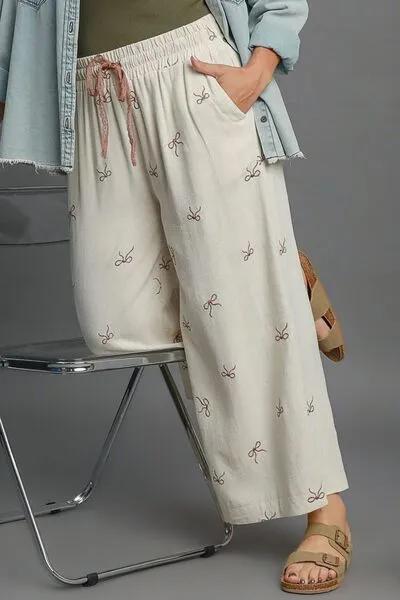 Lace Drawstring Embroidered Bow Wide Leg Pants