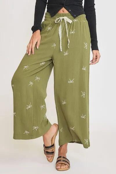 Lace Drawstring Embroidered Bow Wide Leg Pants