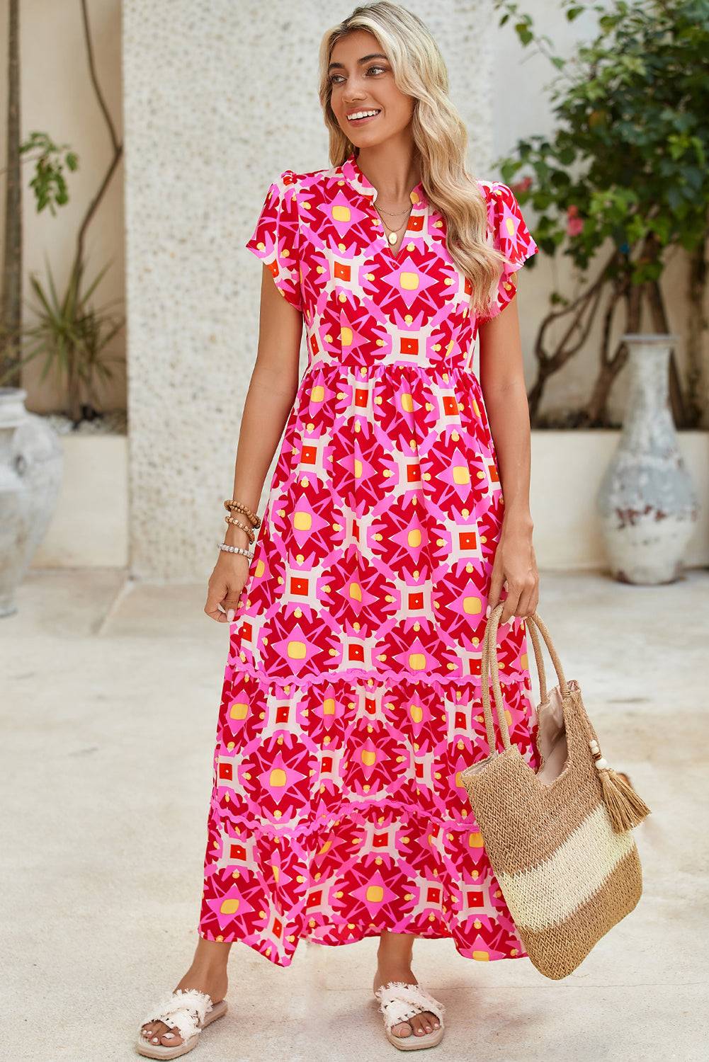 Abstract Print Maxi Dress – Vibrant Pink Boho Style with Flounce Sleeves & Pleated Detail Shewin